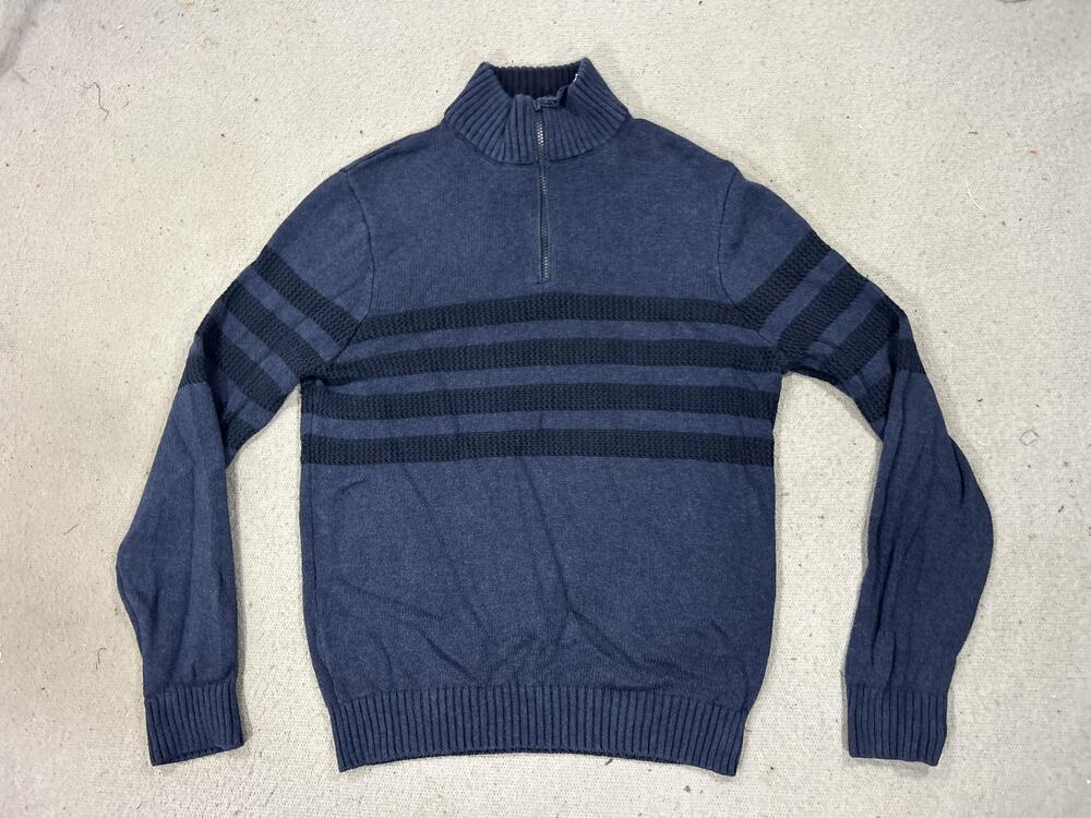 Tahari Sweater Mens Large Blue Grandpa Quarter Zip Mock Neck Textured Striped